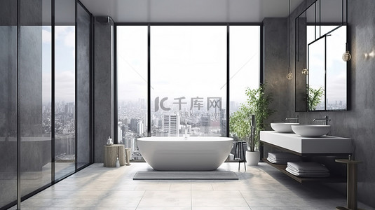 具有高端瓷砖设计和风景窗景 3d 渲染的现代阁楼浴室