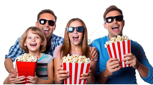 戴着 3D 眼镜和爆米花桶的快乐家庭在白色背景隔离的电影院里享受电影体验