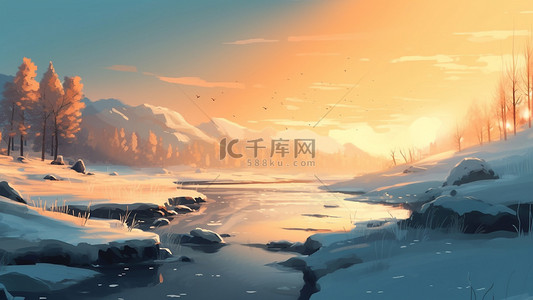 夕阳雪景雪地美丽背景