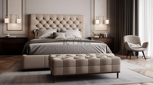 连体坐垫背景图片_豪华米色卧室 3d 渲染中带蓝色坐垫的现代棕色床