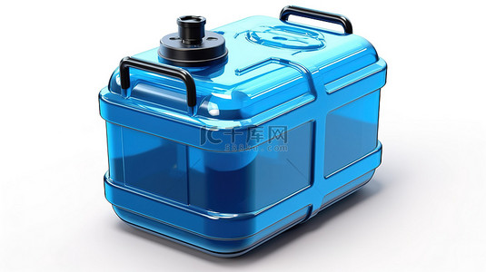 3D 插图隔离塑料罐，带有蓝色汽车液体防冻剂或雨刮器，白色背景
