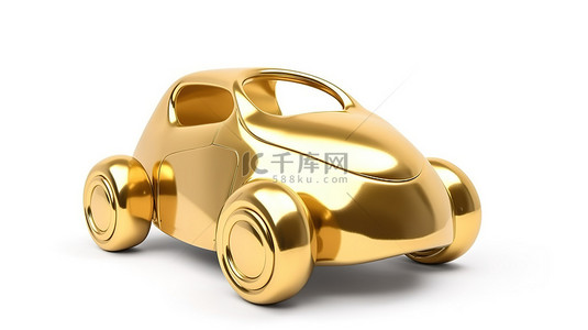 白色背景上的儿童金色玩具车 3D 插图