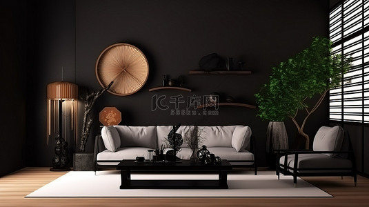禅背景图片_禅宗室配有时尚的日式装饰和黑色沙发数字渲染