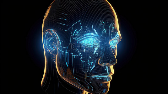 机器背景图片_具有破折号加密货币功能和全息图技术的未来机器人头的抽象 3D 渲染