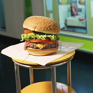 凳子上放着一个汉堡