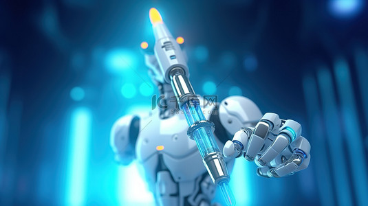 3D 渲染机器人机器人与注射器说明医疗技术概念
