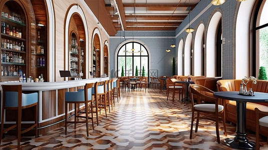 华丽的酒店酒吧配有优雅的木制家具和 3D 可视化马赛克瓷砖地板