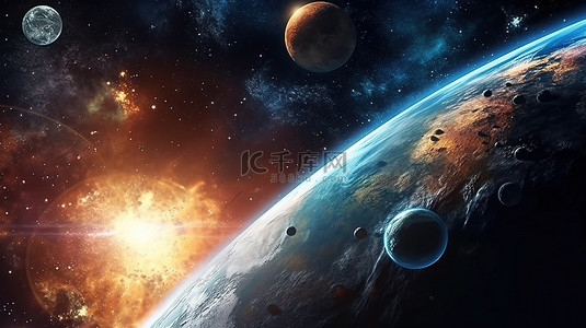 星星地球背景图片_太阳月亮和地球在外太空的 3D 插图