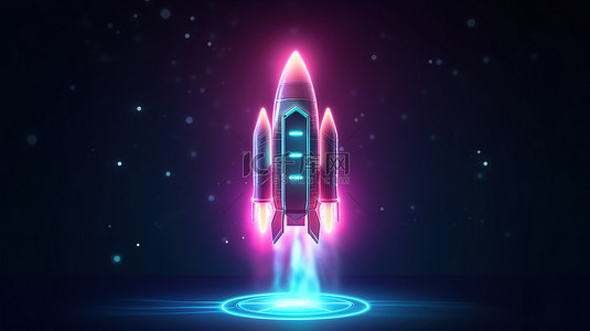 交友app界面背景图片_霓虹灯火箭在太空中发射的发光暗图标 3D 渲染元素的 ui ux 界面