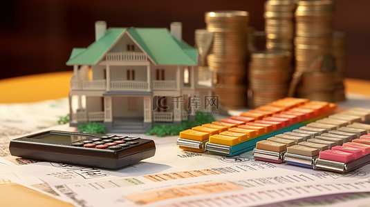 金融贷款背景图片_印度的住房所有权通过 3D 模型印度纸币和计算器可视化金融和住房贷款之间的联系