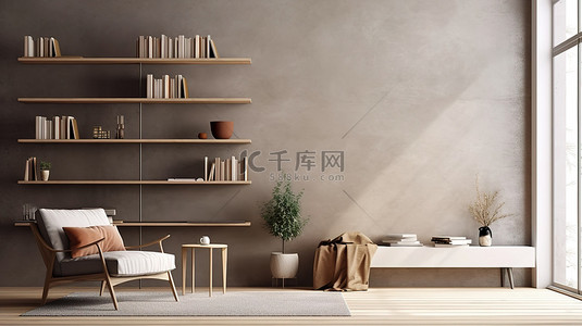斯堪的纳维亚风格的书架墙和舒适的现代客厅与混凝土背景的 3D 渲染