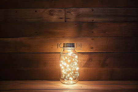 木质背景上的玻璃瓶圣诞灯饰
