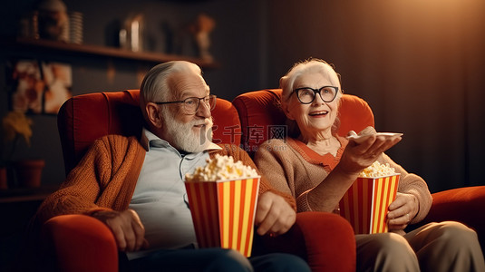 老年沙发背景图片_老夫妇在舒适的家沙发上享受爆米花 3D 电影体验