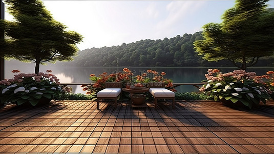 别墅山水背景图片_享有湖景的露台