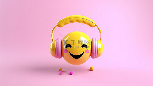 可爱的人物扁平背景图片_粉红色背景下戴着耳机的音乐表情符号的 3D 渲染