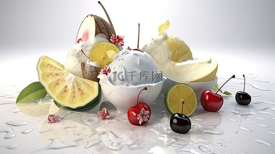 冰淇淋菜單背景图片_美味的 3d 渲染椰子柠檬浆果和苹果冰淇淋勺