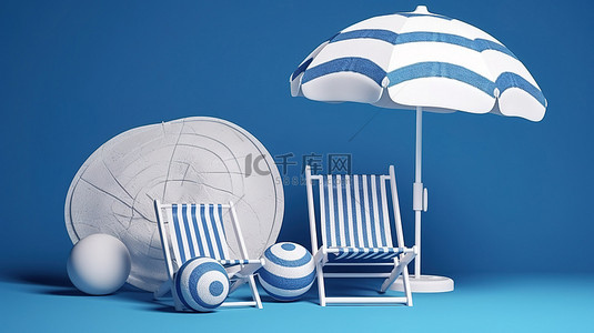 蓝色和白色躺椅沙滩球救生圈和雨伞在蓝色背景上的 3d 渲染