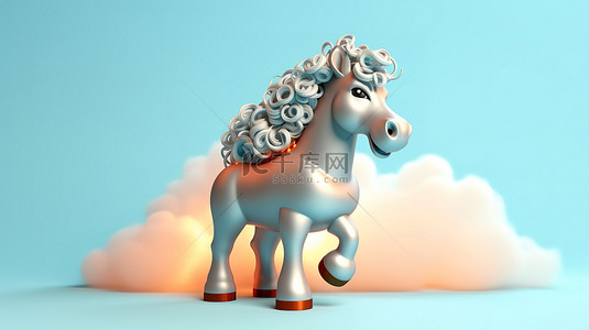 搞笑的 3D 马形人物，手中有闪亮的云符号