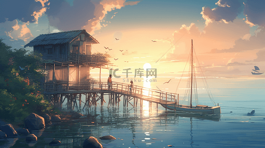 海边背景图片_海边的木屋建筑海上风景