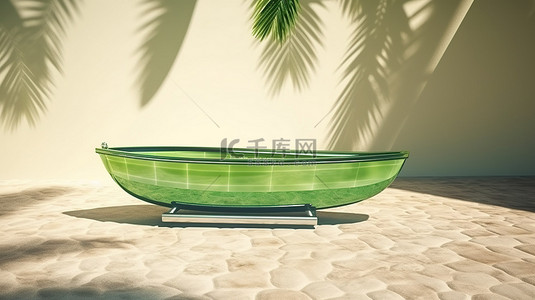 绿色线性背景背景图片_带有白色标签的绿色玻璃船栖息在岩石上，与抽象线性背景和棕榈树阴影 3D 渲染