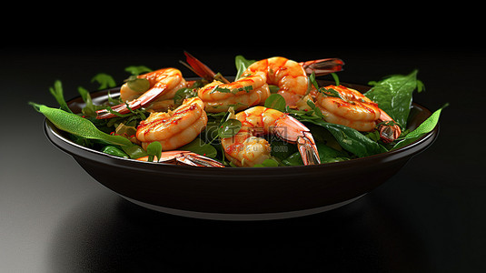新鲜蔬菜背景图片_脆皮虾和新鲜蔬菜 3D 插图