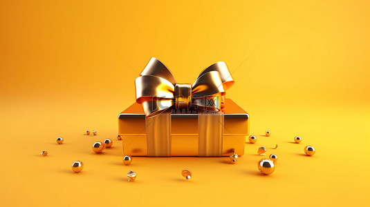 欢乐户外背景图片_欢乐的 3D 假日设计，在充满活力的黄色背景上配有节日丝带和蝴蝶结