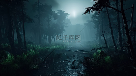 优美的环境背景图片_夜间雾蒙蒙的丛林森林，黑暗神秘树木的 3D 描绘