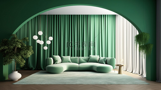 厂房背景图片_现代孟菲斯风格的室内 3D 渲染，配有充满活力的绿色墙壁和窗帘