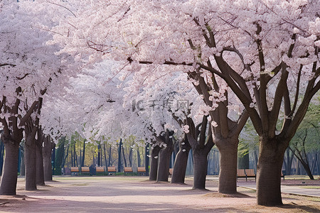 中秋菊盛开背景图片_公园两旁长满枝条繁茂的白色树木