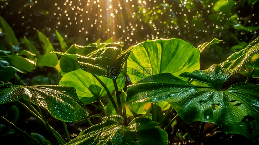 森林背景背景图片_雨中森林背景植物热带树叶光点自然背景