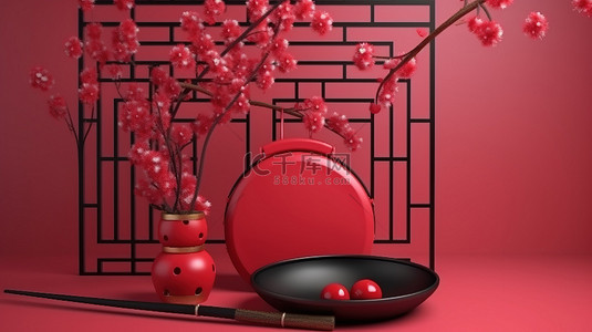 新年传统节日海报背景图片_中国灯笼红盘背景与樱花口音的 3D 产品渲染