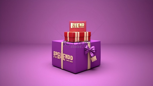 销售灵感 3D 渲染礼品盒，紫色背景上带有浮动折扣文本