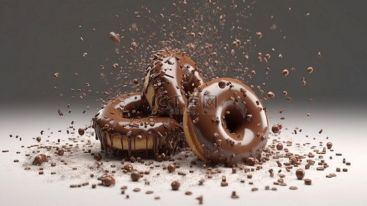 带有糖霜和糖的巧克力甜甜圈洒在 3D 渲染的幻想中