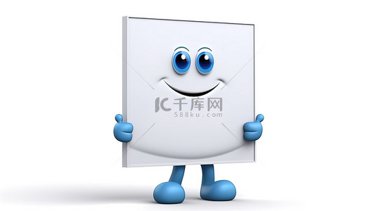 交通蓝背景图片_白色广告促销台的 3D 渲染，其中有一个穿着蓝书服装的吉祥物，背景为白色