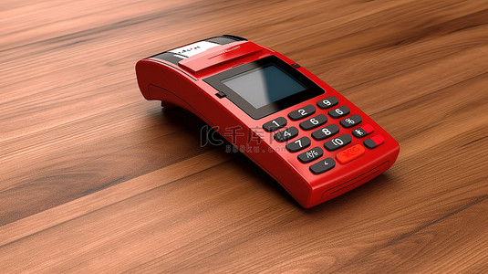 带有红色信用卡支付终端的木板桌的 3D 渲染