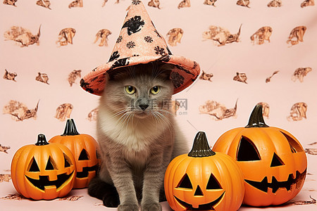 万圣节背景图片_一只戴着帽子女巫和南瓜的粉红色猫