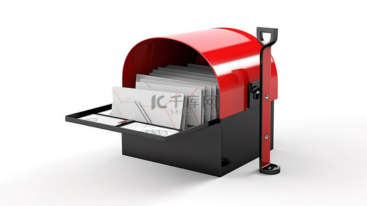 白色背景上信件的开放邮箱的 3D 插图，具有充足的复制空间