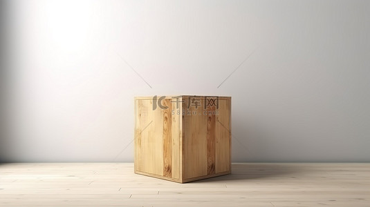 酒背景背景图片_3D 渲染的开放木胶合板盒模型显示在白墙上