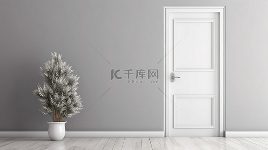 灰色墙壁上白色打开和关闭的门的真实 3D 渲染，白色木地板上有铬花瓶和干燥植物