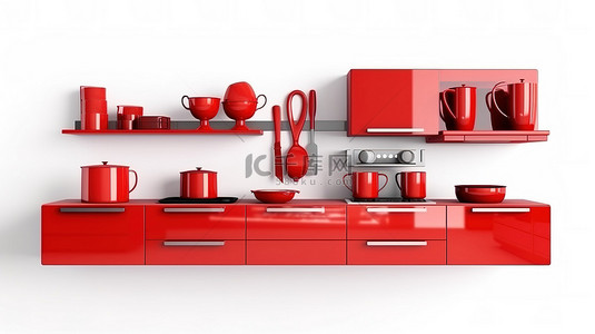 厨柜标志背景图片_白色背景 3D 渲染上的当代红色厨柜和器皿