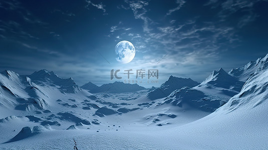 星空背景图片_满月天空照亮 3D 渲染中的雪山