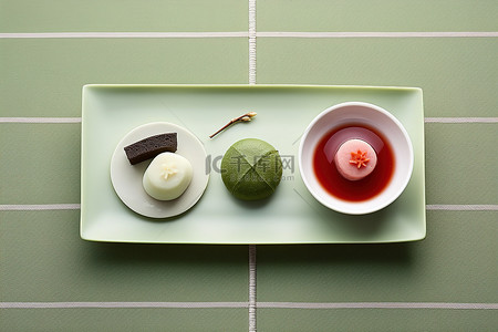 一个空盘子，上面有三种不同的甜点和茶