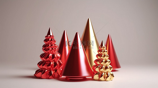 节日期间 3D 渲染中闪闪发光的金色和红色圣诞树锥