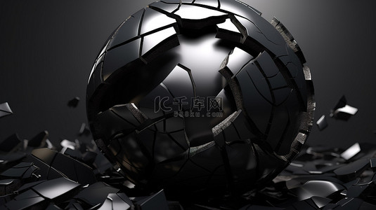 时尚海报背景图片_单色背景抽象 3D 插图上破碎的黑色球体