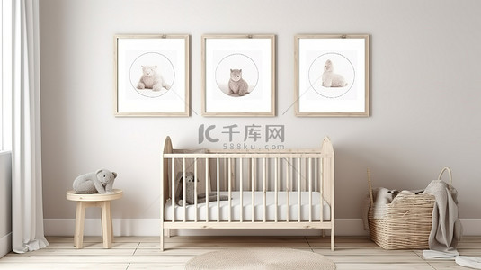 农舍托儿所的室内设计，墙上有白色金属婴儿床三个木框和白色背景 3D 渲染