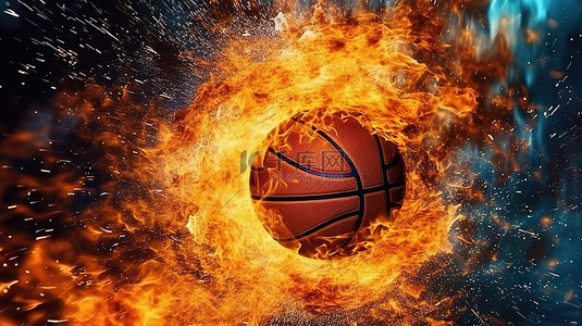 球中球背景图片_3d 渲染的篮球在爆炸性火焰中