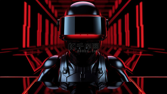 未来派虚拟现实技术黑色 VR 头盔，黑色背景上带有红色立方体框架3D 渲染