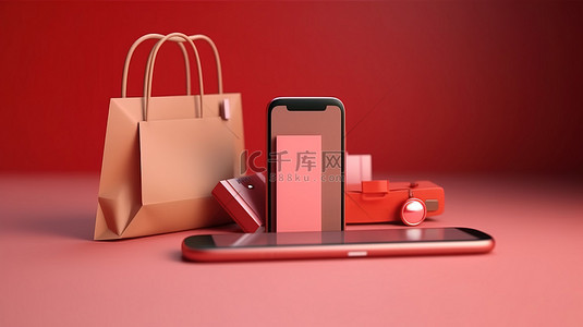 风扇商城背景图片_智能手机上信用卡和购物袋的 3D 渲染，用于在线购物