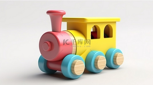 白色背景 3D 渲染上充满活力的木制火车玩具