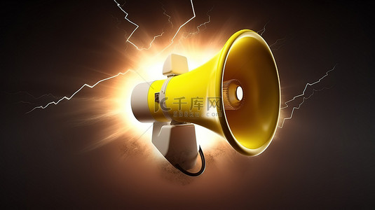 逼真的 3D 黄色扩音器与闪电强大的营销工具